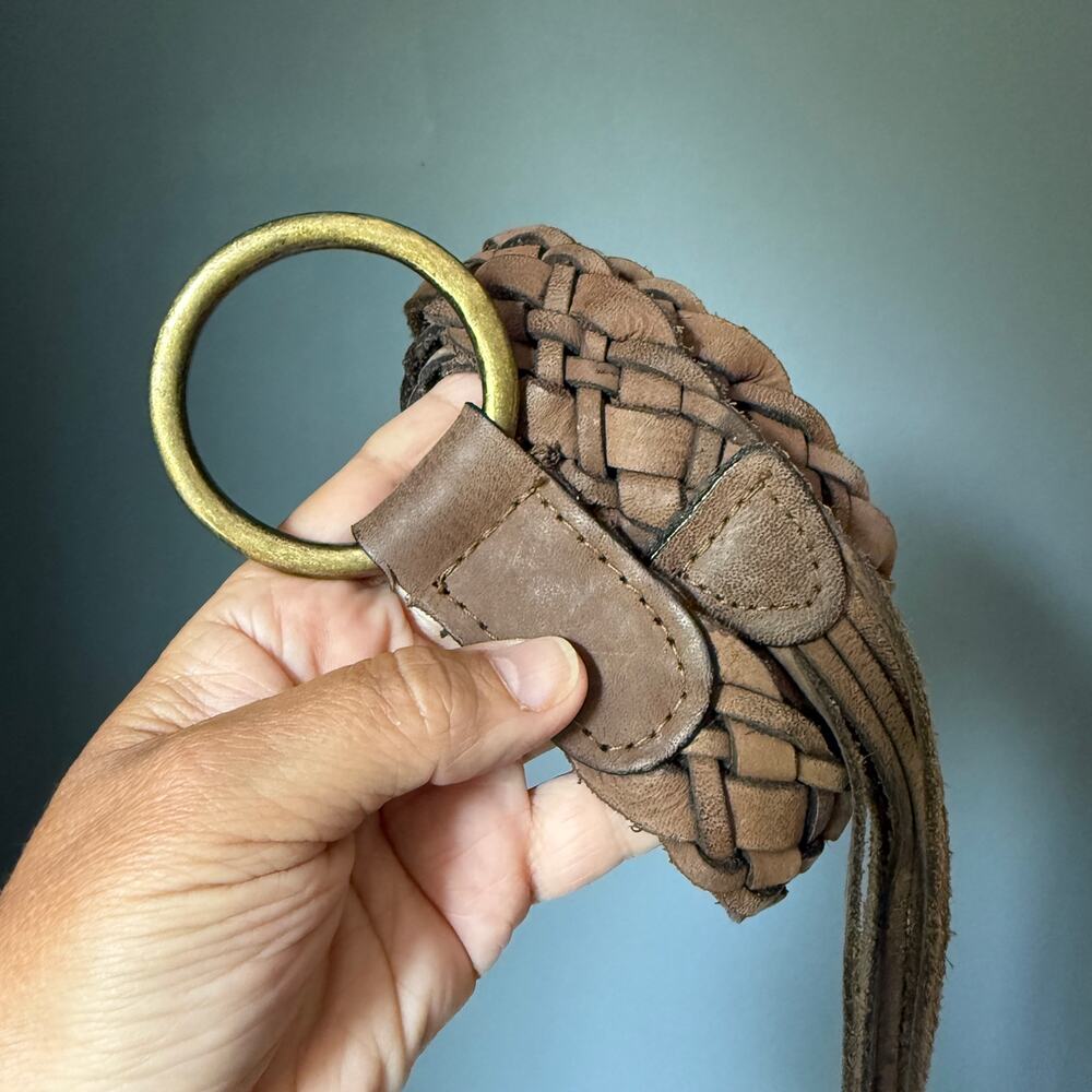 Vintage Braided Leather Cinch Belt Brown O Ring Boho Western Size M